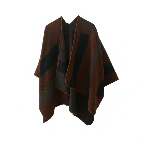 BB Dakota Brown and Gray Colorblock Poncho - Picture 3 of 14